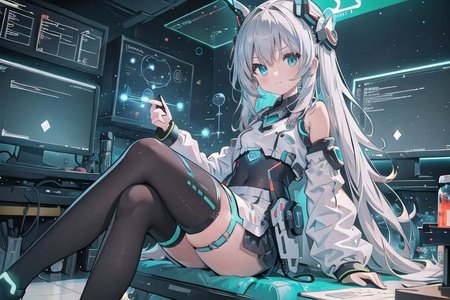 (masterpiece), (science fiction:1.4), 1girl, sitting, smile, silver hair, aqua eyes, headgear, long sleeves, detached sleeves, glowing energy clothing, light particles