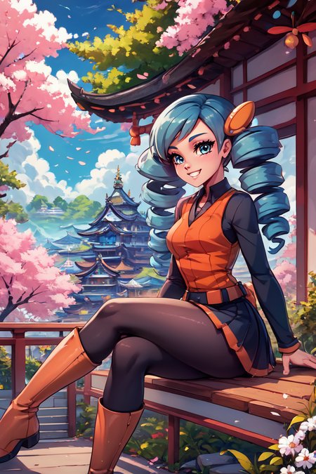 score_9, score_8_up, score_8, medium breasts, (curvy), cute, eyelashes,       ,,, , ,,, zzABW, blue hair, blue eyes, drill hair, orange vest, belt, skirt, black pantyhose, knee boots, scrunchie,  <lora:AceTrainerBW_Pokemon_PDXL:0.8>,  ,,,, BREAK, sitting on bench, side view, smile, looking at viewer, cowboy shot,  ,,, BREAK, pnkBldng, sky, day, cloud, tree, blue sky, building, architecture, east asian architecture,  ,,, BREAK, embedding:zPDXL, Expressiveh,  ,,, <lora:PinkBuildingsPDXL_v2:0.6>, <lora:SDXLFaeTastic2400:0.5>, <lora:Expressive_H-000001:0.4>