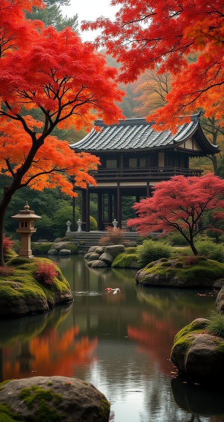 A tranquil Japanese garden during autumn, with vibrant red and orange maple leaves falling around a koi pond, stone lanterns, and a traditional tea house in the background.

