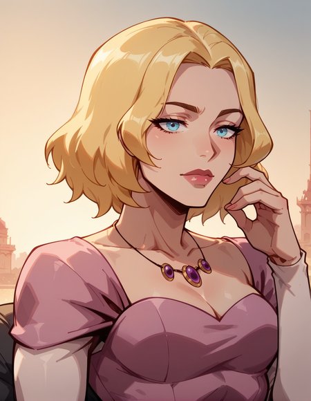 1girl, portrait, blue eyes, sunset, hand up, necklace, blonde, beautiful, pink dress, cleavage, waist up image, white long sleeves<lora:The_Polly_mix_Style_-_by_IkariRH:0.3> pollystylemix <lora:ILANA_ROSCOVIC:0.8> ilana, score_9, score_8_up, score_7_up, score_6_up, 2d, digital art, masterpiece <lora:Expressive_H:0.4> expressiveh <lora:princess_xl_v2:0.3> <lora:g0th1c2XLP:0.3> g0th1c