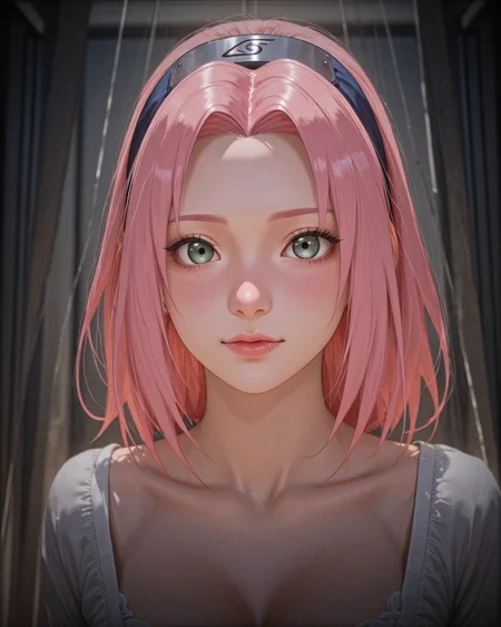 an animated illustration of <lora:Naruto_-_Sakura-000017:.7> n-sakura, pink hair, green eyes, forehead protector. 25 year old.
Highest quality, best quality, masterpiece. cinematic atmosphere. The lighting is soft yet dramatic. The film grain adds a tactile, grainy texture, enhancing the dreamlike quality of the scene.