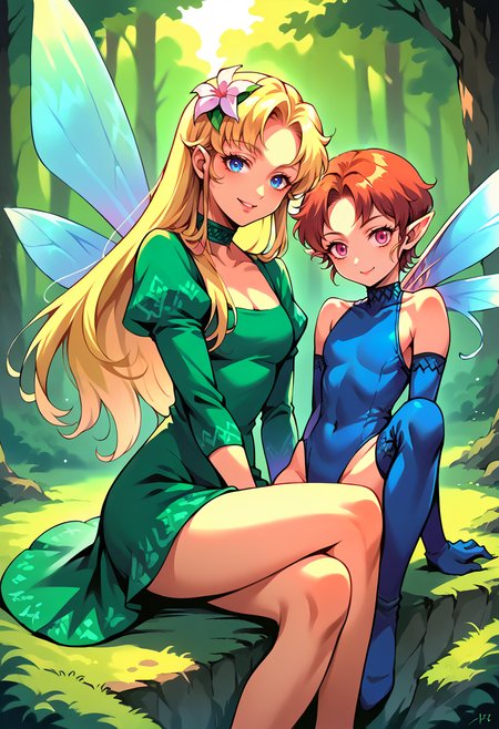 score_9, score_8_up, score_7_up, source_anime, 2girl, looking at viewer,  forest, BREAK <lora:Titania-pdxl_Fp:1>, titaniasmt, blue eyes, blonde hair, long hair, hair flower, fairy wings, green dress, choker, smile, sitting,  BREAK <lora:PixieSMT-pdxl:1>, pixieSMT, short hair, pointy ears, blue leotard, blue elbow gloves, blue thigh boots, fairy wings, smile, red hair, tiny, bare shoulders,