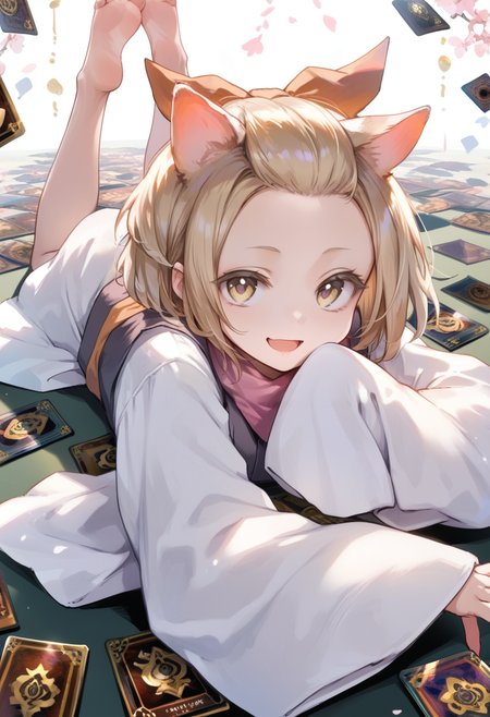 (score_9:0.9),score_8_up,score_7_up,rating_safe,anime style,(zPDXL),(zPDXL3),<lora:Ash Blossom & Joyous Spring ponyXL v1:0.71>, ash blossom & joyous spring, 1girl, sleeves past wrists, barefoot, solo, looking at viewer, card, open mouth, on stomach, lying, soles, red hair ribbon, smile, :3, white kimono