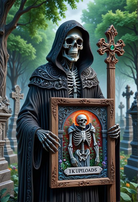 A grim reaper spirit holding a lacquered wooden sign that reads "1k uploads" Intricate details of a serene cemetery, 
behance, subpixel reticulation, chroma-key, grandiose, hypermaximalism.
<lora:helios2:0.321> <lora:detailed_notrigger:0.876> <lora:DetailedEyes_V3:0.765> <lora:luxart:0.654>