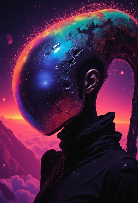 A Vintage Sci-fi head photo featuring a surreal, abstract Busty woman set against a vibrant, cosmic background. The woman is a sleek, featureless humanoid with a metallic, reflective head that resembles a helmet or mask. The head is a polished, iridescent surface that reflects and refracts light, showing a mesmerizing mix of colors including deep blues, purples, and hints of gold, suggesting a blend of nebulae and cosmic phenomena. The body is clad in a dark, sleek suit, which appears to be made of a material that matches the reflective quality of the head.