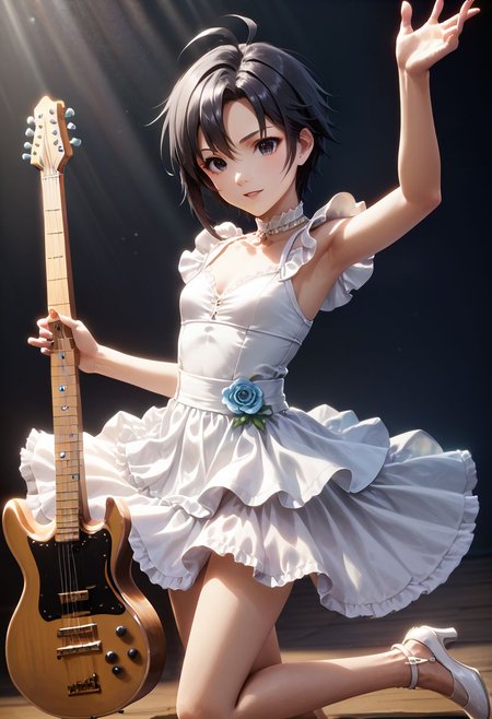 score_9,score_8_up,score_7_up,score_6_up,source_anime, <lora:Worldly_XL:1> assembly line, old factory, (rock concert, microphone stand: 1.3), ((((playing guitar:2)))), live concert, 
1girl, solo, full figure, standing, dynamic pose, singing, dancing, <lora:KikuchiMakoto_pony_v1:0.9> kikuchi makoto, kkcmkt, short hair, black hair, antenna hair, hair between eyes, black eyes, flat chest, small breasts,  (long legs:1.2), white dress, white shoes, delicate strappy heels,
hands, <lora:detailed_hands:1.05>
<lora:HandFineTuning_XL:0.55>
<lora:loraeyesxl:0.65>
zPDXL, zPDXL-neg