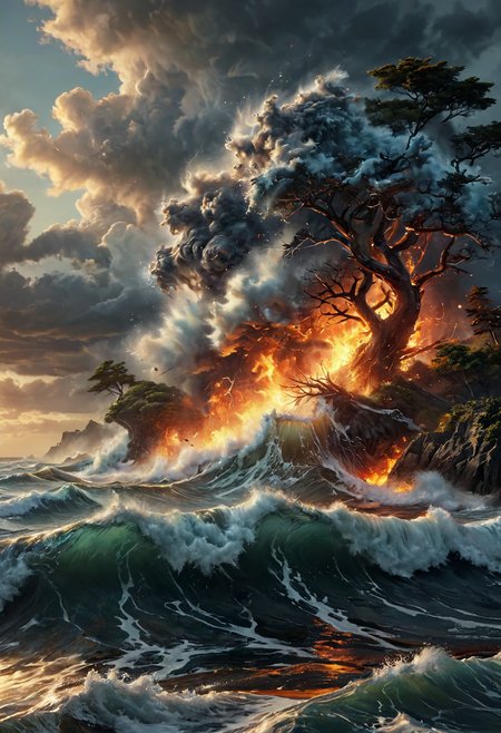 masterpiece, extremely detailed, realistic painting,  Wide range of colors., Dramatic,Dynamic,Cinematic,Sharp details Insane quality. Insane resolution. Insane details. Masterpiece. 32k resolution.
raging ocean, many waves, an island with fire trees emerges from the ocean and rises in the cloudy sky
 <lora:add-detail-xl:1>,