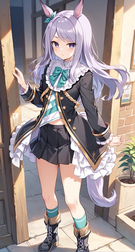 score_9,score_8_up,score_7_up,
official art,official style,game cg,megami magazine,
1girl,
mjm race,mejiro mcqueen (umamusume),
animal ears,black jacket,black skirt,blush,bow,ear ribbon,frilled jacket,frilled sleeves,
frills,green bow,green ribbon,horse ears,horse girl,horse tail,jacket,long hair,long sleeves,
purple eyes,purple hair,ribbon,skirt,striped,swept bangs,tail,highres,violet eyes,
bowtie,green bowtie,bangs,black footwear,boots,socks,eyebrows visible through hair,pleated skirt,
ear bow,striped shirt,
standing,
<lora:umamusume_mejiro_mcqueen_pony_v1:1>,