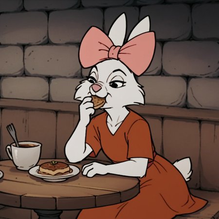 score_9, score_8_up, score_7_up, score_6_up, score_5_up, score_4_up, source_furry, sisrabbitRH, semi-anthro, female, rabbit, white fur, red dress,  pink hair bow, sitting, at a table, eating breakfast