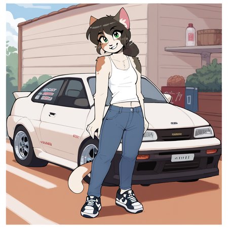 score_9_up, score_8_up, score_7_up, score_6_up, furry female, calliope kyatto, cat, calico cat, female, furry, ponytail, green eyes, dark hair, looking at viewer, tank top, jeans, sneakers, solo, three-quarter view, standing, slim, smile, happy, head tilt, car,  sports car, <lora:Leah_Pines(AIM)_XL_v1:0.75>, <lora:PDXL_artist_tags_v2_big:0.8> <lora:The-Minuscule-Task_PDXL_v1.0:0.8>  <lora:Calliope_Kyatto_427Deer:0.75>