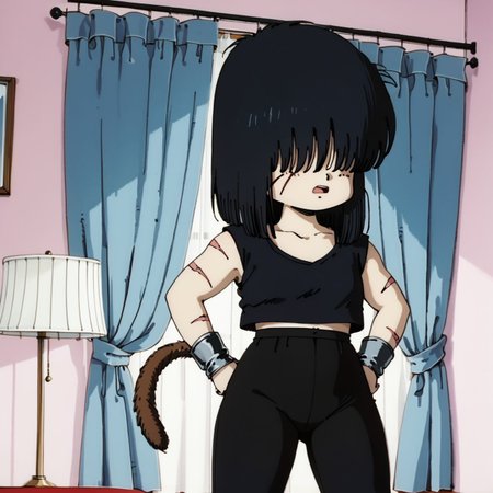 <lora:SolYulaanXL:0.8> SolYulaan, 1girl, chibi, zerovoltagehair, zero voltage hair, flat hair, hair over eyes, obscured eyes, black shirt, monkey tail, black monkey tail, pale skin, scar on face, Yabangirl, Yaban girl, bolloi, black leggings, spandex leggings, looking to side, LucyLoudhair, cartoon, fists clenched, hands on hips, angry, lamp, room, curtains, from below, illustration, open mouth, gauntlets,  <lora:EarlyAkira_v4:1> drgbls1, retro artstyle, 1980s \(style\), anime coloring,