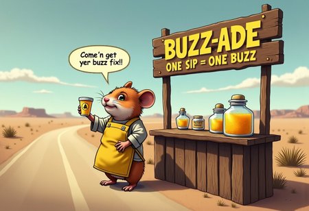 A tired but determined hamster stands at a little lemonade stand on the side of a dusty road in the middle of nowhere. The stand is crafted from old wood, with a hand-painted sign above it that says, “Buzz-ade: One Sip = One Buzz.” The hamster wears an apron that’s too big, with rolled-up sleeves and a little chef’s hat tilted to one side. His cheeks are puffed up, and he looks slightly frazzled but hopeful, holding out a tiny cup of bright yellow lemonade with a buzz symbol on the cup.
Around him, jars filled with sparkling lemonade are stacked, and a small tip jar reads, “Buzz Donations Appreciated!” In the background, the open road stretches out to the horizon, with only a few tumbleweeds rolling by, emphasizing the hamster’s isolated hustle.
A speech bubble floats above his head, saying:
“Come ‘n get yer buzz fix!”
This image captures a mix of determination and humor, showing the hamster’s hard work as he tries to spread some buzz to any passerby who might come down this lonely road.