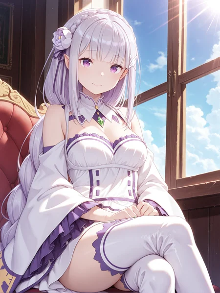 <lora:Emilia Illu:1>1girl, solo,
em1lia, pointy ears, purple eyes, grey hair, blunt bangs, long braid
emili4default, white dress, hair flower, , purple hair ribbon, crown braid, bare shoulders, detached sleeves, wide sleeves, frills, detached collar, green gem, white thigh boots, 
sitting, smile, looking at viewer, crossed legs, 
window, sunlight, indoors, blue sky, clouds, cowboy shot, 
 <lora:cfg_scale_boost:1>, masterpiece, best quality, amazing quality