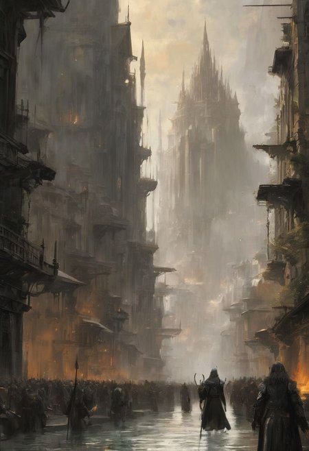city by Jeremy Mann, 
Sauron was initially called Mairon, he was a Maia in the service of Aulë, as was Saruman. He was well versed in the art of magic and blacksmithing and had great ability in this field. Mairon followed Melkor in his quest to rule the earth and became his most terrible lieutenant. He will be at the origin of the death of Finrod Felagund and as Annatar, Lord of the gifts, he will forge the rings of powers with the help of Celebrimbor who did not listen to the advice of distrust of Galadriel and Gil- Galad about Annatar, which will cost him his life. Great was the influence of Sauron over men thanks to these rings of power and disproportionate was the greed of the Dwarves and their love for all the riches that the mountains brood. But the Elves were wary of this gift and only used their rings to preserve their people, their lands. When the One Ring was cut from Sauron's finger, Isildur did not have the heart to destroy it and keep it for himself but it cost him his life and the ring disappeared. It will be centuries before the ring falls into Frodo's hands and he destroys it in Mount Doom, thus definitively eradicating Sauron's spirit.