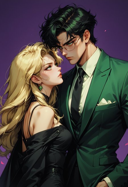 (score_9, score_8_up), score_7_up,
1boy, 1girl, long hair, blonde hair, black dress, bare shoulders, manly, neon purple background, green theme, slick back hair, formal suit, black neck tie, frown, annoyed, black hair, mob boss, eye glasses, green eye wear, vivid colors, black eye wear, adjusting coat, arrogant, chaotic, side view, retro  <lora:nostalgia-000011:0.5>