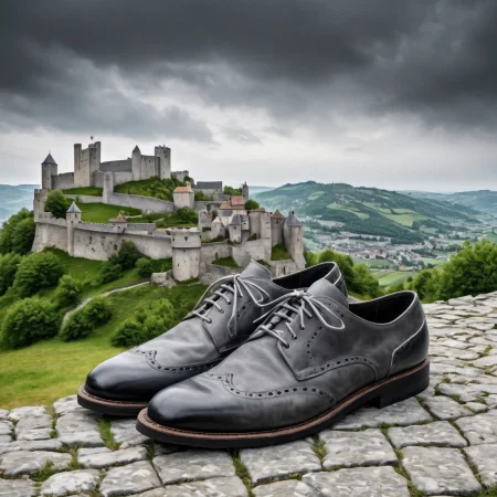 (shoes showcase) <lora:08_shoes_showcase:1.1>
Gray background,
high quality, professional, highres, amazing, dramatic,
(Medieval village and castle on hill:0.5),