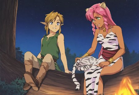 Pink_DragonPink, 1girl, sleeveless dress, white tiger print dress, pelvic curtain, cleavage, white tiger tail, red sash, small breasts, leather shoes, masterpiece, very aesthetic, smiling wide, showing teeth, <lora:pink-illustrious:1>, 
Break
1boy,Anime screencap,link (zelda),blonde hair,blue eyes,pointy ears, low ponytail, sidelocks, wearing blue hyilian tunic, happily smiling
Break
Lost woods at night, sitting on tree stumps, forest campsite, night, moon out, stars in sky, campfire, pink and link touching, cuddling, hugging, roasting marshmallows on sticks