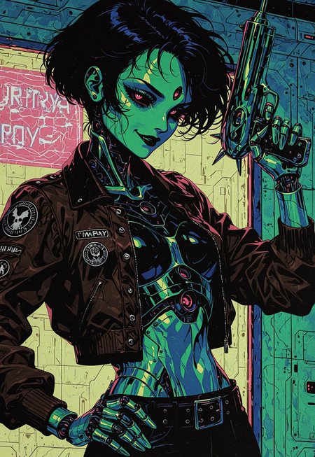masterpiece, best quality, amazing quality, high resolution, aesthetic, 1girl, (robot girl:1.5), (robot face:1.3), pilot, brown bomber jacket, green metal body, retro sci-fi, smirk, atompunk style, tomboy, retro futurism, black sclera, belt, silver ray gun, small gun, punk, DRKWB, aiming gun,  side view, hand on hip, spaceship boarding ramp, outdoor landing pad, upper body