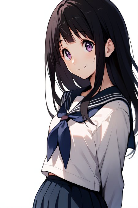 score_9, score_8_up, score_7_up, score_6_up, score_5_up, score_4_up, BREAK source_anime, masterpiece, best quality, ultra quality, <lora:Chitanda_Eru-02:1>, chitanda, black hair, long hair, purple eyes, simple background, frontal view, looking at viewer, blue neckerchief, serafuku, blue neck, kamiyama high school uniform, upper body, standing, smile, long sleeves, arms behind back, frontal view