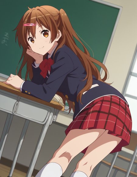 score_9, score_8_up, score_7_up, source_anime,
shinkanibutani, <lora:shinka-nibutani-s2-ponyxl-lora-nochekaiser:1>,
shinka nibutani, long hair, brown hair, hair ornament, brown eyes, hairclip, one side up,
skirt, school uniform, jacket, plaid, kneehighs, plaid skirt, blazer, icho private high school uniform, blue blazer,
indoors, classroom, bent over, smile,
looking at viewer, cowboy shot, dutch angle, solo,
