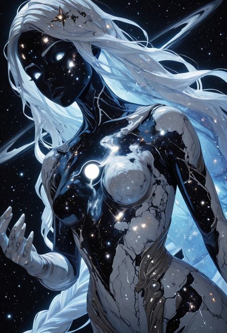 highres, very detailed, amazing quality, masterpiece,
very aesthetic, sp4ce-g0dd3ss
particle effect,
1girl, solo, beautiful eyes, goddess, goddes of constellations, black skin, sparkly skin, glitter on skin, iridescent hair, glowing hair, very long braids, strong face, solo, eyes with galaxies, cosmos eyes, Covered in Tattoos, geometric tattoos, white tattoos, small breasts, curvy, grey robe with pearlescent trim, 
BREAK, 
greek theme, goddess theme, universe theme, 
looking at hand, extends hand,  (black hole in hand, miniature black hole in hand), tough pose, foreshortening, dutch angle,
loving, content, tender, 
in cosmos, universe, endless stars around her, galaxies, comets, nebulae