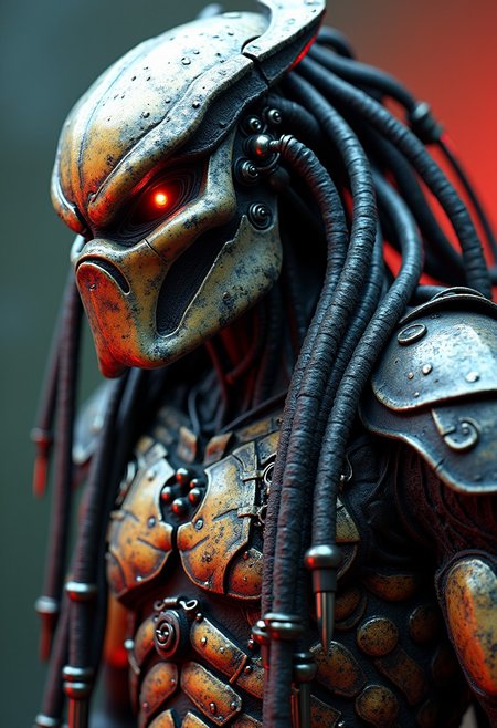 poster art, a robot samurai predator from the movie (Predator), dreadlocks made of silver metal coils, body made of wires, cables, and metal, vibrant colours, eyes glowing red, masterpiece, cowboy shot