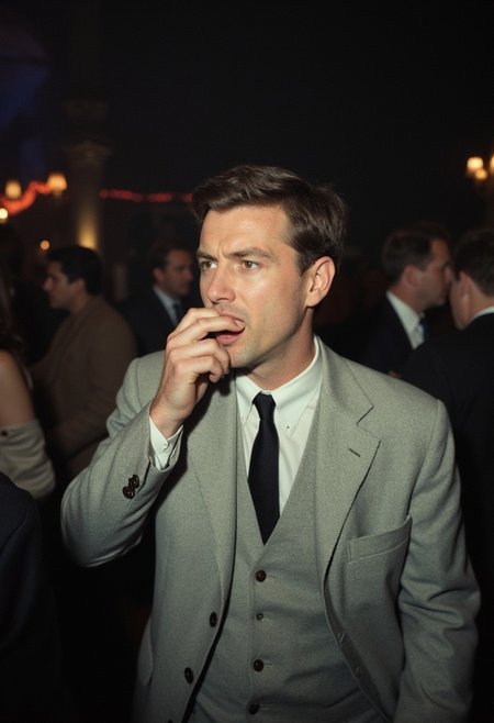 Photo, taken from a phone, of friends having fun at the disco. at a distance, half or full body in frame. Grainy, blurry, candid Kodak easyshare snapshot, out of focus and out of frame. No hands visble. Semi formal clothes cinematic_1940s cinematic_octane