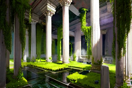 highly insanely detailed, masterpiece, top quality, best quality, highres, 4k, 8k, RAW photo, (very aesthetic, beautiful and aesthetic),  
Ancient Roman Interior Design,RomInt, 
<lora:RomanInterior-10:0.8>, 
(1girl:1.3), 
1other, 
, 
medium hair,hair ornament, 
, 
ruins,abandoned,dark,overgrown,made of moss,moss-covered,m0ss_dr3ss,elaborate long dress made of moss,(pure purple background,transparent background:1.2), 
scenery,âââ