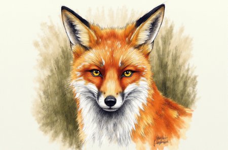 Sharp image of a rough sketch, rendered in vibrant multi colour ballpoint pen, capturing the adorable features of a close-up portrait of a red fox. The fox is looking directly at the camera with a serious expression. Its fur is a reddish-brown color with white patches on its face and neck. Its ears are pointed and its eyes are a piercing yellow. The background is blurred, but it appears to be a wooded area with trees and foliage. The overall mood of the image is calm and serene.  p3nsk, <lora:p3nsk:1>