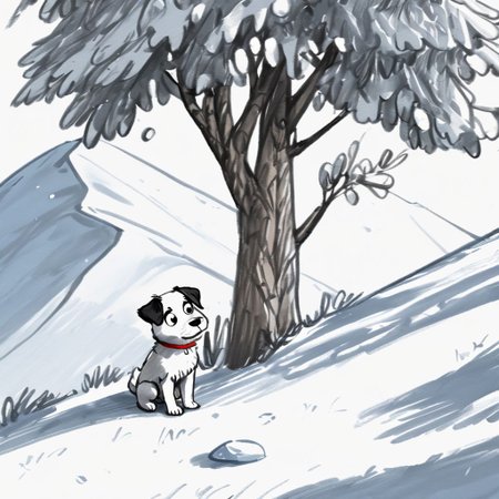 Puppy painting under the tree at the top of the mountain. lora: The simplest :1.0> , very detailed, 8k, sharp, professional, clear, high contrast, crystal clear