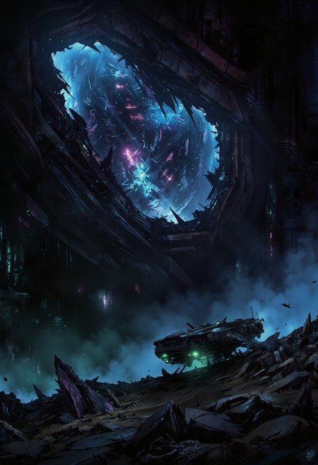 A digital painting in the style of ck-js, depicting a small, rugged prospecting ship navigating through the colossal, shattered remnants of a planet destroyed by an ancient cataclysm. Immense, continent-sized fragments drift silently in space, pulsating internally with unstable energy (intense electric blues and vibrant magentas). The ship's focused searchlights pierce the energized dust, illuminating jagged, crystalline structures within the debris field. The palette features deep space black, the chaotic, high-energy glow of the fragments (electric blues/magentas), and the contrasting sharp green of the ship's lights. Focus is on navigating immense, dangerous scale and the aftermath of destruction.