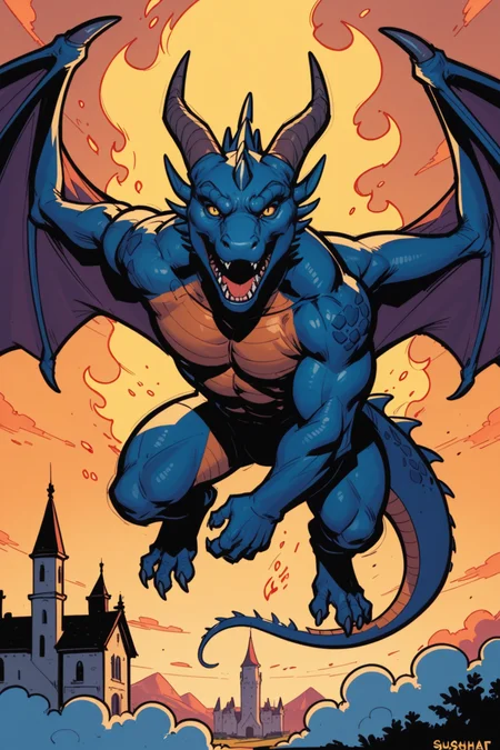 dragon, no humans, fire, cloud, open mouth, castle, wings, sky, yellow eyes, cloudy sky, flying, sharp teeth, breathing fire, teeth, monster, a_Comic_Illustration, rough lines with ink, (drawn:1.1), (sketch:1.5), (crosshatching:1.25), (comic style:1.1), graphic novel style, sharp lines, hires, zstyle, (western comics \(style\):1.1), (hatching \(texture\):1.2), zPDXL, Mr_Monster_Possitive, <lora:Expressive_H:0.5>, score_9, score_8_up, score_8_up,