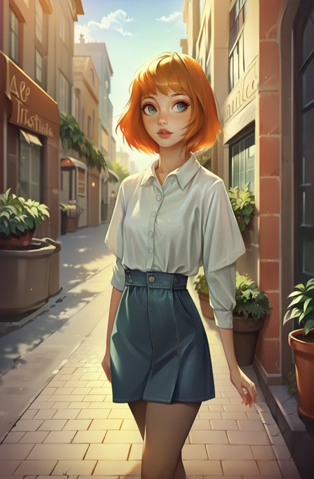 score_9, score_8_up, score_7_up, score_6_up, <lora:mgxt:1> mgxt, <lora:1ly4XLP:0.7> 1ly4,  intricately detailed illustration, source_Cartoon, cell shading, artbook illustration, detailed background,
cute woman, city, urban clothing, walking, cowboy shot, pedestrian street, potted plants, cobblestone, public,
