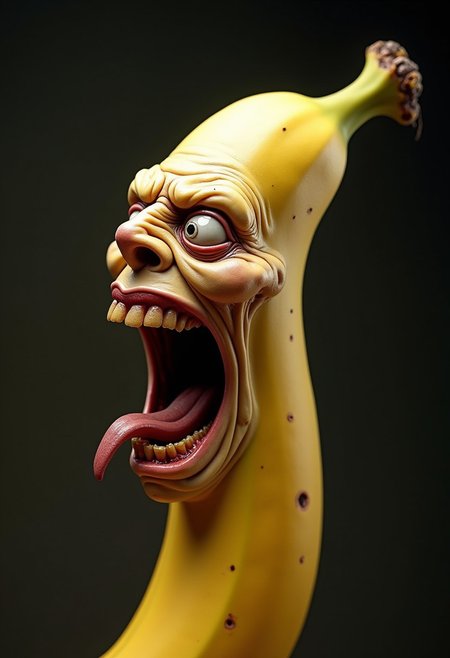 Hyperrealistic banana with a grotesquely anthropomorphic face, screaming in intense rage or agony. Curved, elongated shape with smooth yellow skin, transitioning seamlessly into wrinkled, flesh-like features. Eyes bulge outward, bloodshot and strained, with pale, watery flesh forming eerie eye sockets. Brow deeply furrowed, creating harsh lines across the banana's surface. Nose scrunched and flared, nostrils clearly visible. Mouth stretched impossibly wide, revealing rows of human-like teeth and a moist, glistening tongue. Lips pulled back in a snarl, exposing gums. Cheeks contorted, emphasizing the screaming expression. Skin pores and fine hairs visible on the face portion, blending into the smooth, slightly blemished banana texture. Vivid yellow coloration with subtle brown speckles, highlighting the fruit's natural imperfections. Harsh lighting from above casts dramatic shadows, accentuating the three-dimensional quality and the grotesque facial features. Background is a neutral grey gradient, focusing attention on the surreal, nightmarish banana creature.