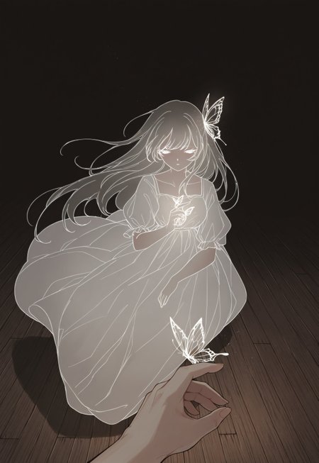 Solo, ethereal, detailed, halfturned, melancholic,

dark background, wooden floor, 

pov, female hand, butterfly_on_hand, white dress, 

masterpiece, best quality,  very aesthetic, absurdres, newest, 