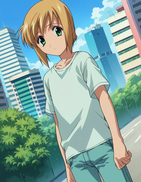 score_9, score_8_up, score_7_up, source_anime,
bokunopico, <lora:boku-no-pico-ponyxl-lora-nochekaiser:1>
pico, short hair, green eyes, blonde hair,
shirt, white shirt, pants,
outdoors, cityscape,
looking at viewer, dutch angle, cowboy shot,