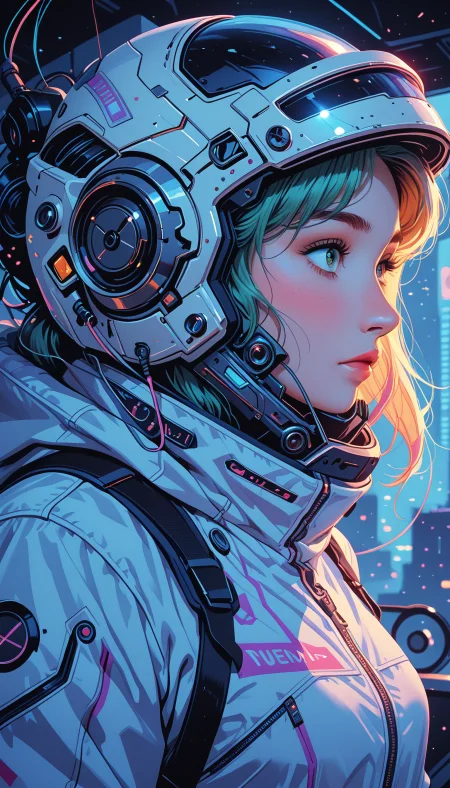 masterpiece, Shinkaistyle,
pinkretroanime, retro art,
Cyberpunk Style, cyberpunk, science fiction, hi tech, future tech, neon, (Cybernetics:1.25), (Neon Cityscape:1.4), (lineless:1.5), smooth edges, (lighten the face:1.5), tall body, slender body, fit body, long legs, The image presents a digital artwork of a female astronaut in full space suit gear, viewed from a slight three-quarter angle. She stands confidently against a backdrop of a clear sky dotted with small clouds, and a faint glow that suggests either early morning or late afternoon. The character is positioned on a spacecraft runway, marked by crisp white lines and a large, illuminated "X" symbol in the center of the frame, possibly indicating a designated landing zone. The runway itself appears to be made of durable material, capable of withstanding the rigors of space travel. The astronaut is equipped with a full-face helmet that matches her suit, protecting her against the harsh conditions of space. Her eyes are obscured by the visor of the helmet, adding an air of mystery and focus to her persona. She holds no visible objects, but the context suggests she is preparing for launch or has just landed. Her hair is styled in a short, practical cut that is not affected by gravity due to the environment's lack thereof. The suit is detailed with various insignias and logos, though specific brands are not identifiable. Notably, on her shoulder is a patch that resembles a bird, adding a unique personal touch to her space gear. The lighting in the image casts soft shadows behind the astronaut, contributing to the overall serene atmosphere of the artwork. The colors used are predominantly shades of blue and green, with accents of white and pink highlighting the suit's details. Overall, the image captures a moment of calm anticipation before an exciting journey into the unknown expanse of space., 1girl, solo, long hair, blush, short hair, bangs, blue eyes, blonde hair, simple background, long sleeves, closed mouth, green eyes, jacket, upper body, green hair, hood, medium hair, bag, blurry, vest, from side, aqua eyes, english text, lips, eyelashes, aqua hair, hoodie, profile, mask, blurry background, glowing, looking away, white jacket, backpack, hood down, helmet, portrait, clothes writing, hooded jacket, light particles, close-up, science fiction, looking afar, strap, looking ahead, spacesuit, tactical clothes, visor \(armor\), chin strap