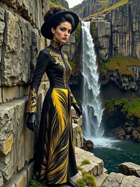 Macro photo, Icelander 1960s theme of architecture, white-toned <lora:BlackColor:1>, intricate black and lemon-yellow and brass feathered Frottage photo. The main subject is a poor mature blushing female Tarot character wearing a Victorian outfit beside a cliff with a waterfall. The setting is busy and punk. The overall mood of the photo is of a decrepit moment in time. The photo has been tinted here and there with azure translucent dye. <lora:FLUX.1-DEV_-_Wild_1960s_Fashions_LoRA:0.9> <lora:midjourney_whisper_avant_couture_v01:0.6> <lora:flux_dev_grunge:0.6>