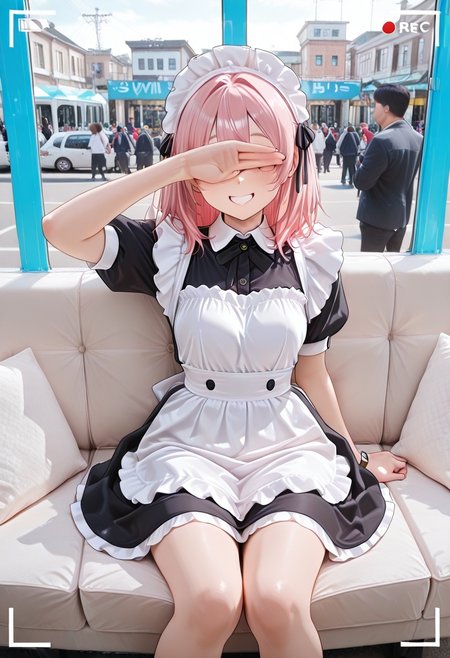 1girl, solo, CivChan, purple eyes, pink hair, medium hair, maid uniform, standing looking sweet, coy, smiling sweetly, 
day, crowd, photo background, stadium, multiple girls, watch,
masterpiece, extremely aesthetic, highly detailed, dynamic composition, vibrant colors, vivid colors, saturated,
<lora:CivChan:0.8:0.6>  <lora:Magic_Mirror_Bus:0.6>Magic_Mirror_Bus, many pedestrians on the road,crowded:1.1, recording, Porn shooting, Magic Mirror Bus interior, Japanese urban street background,  visible through a large blue-tinted glass window, clear transparent glass window, sitting couch, couch, <lora:Lunas-Covering-Eyes-SDXL-A1:1> covering eyes