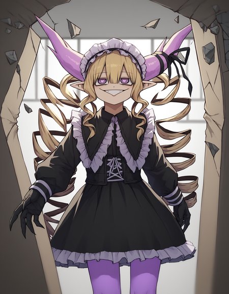score_9, score_8_up, score_7_up, nightmare \(mazohaha\),demon girl,demon horns,pointy ears,blonde hair,long hair,drill hair,twin drills,purple eyes,ringed eyes,triangle mouth, horn ribbon,maid headdress,black dress,black gloves,purple legwear, grin, smug, NokotanEnteringClassroom, broken wall, stone <lora:nightmare:1> <lora:NokotanEnteringClassroomMeme_pdxl_Incrs_v1:1>