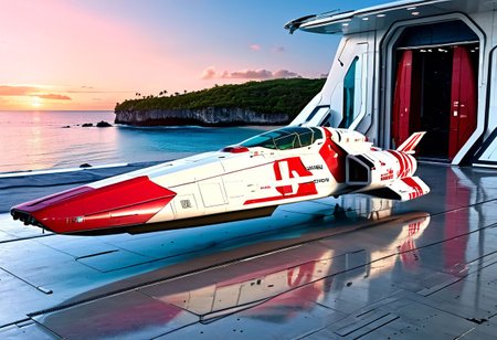 photograph, smooth, sleek, white and red (WipEout anti-gravity craft), (split-front:1.3), parked in a open hangar, door open, tropical island, ocean, beach, blue sky, sunset, sharp, high detailed, realistic, scifi, futuristic, science fiction, sharp focus, masterpiece, best quality