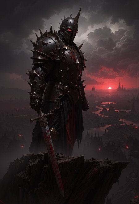 A lone knight, clad in black spiked armor, stands on a cliff overlooking a ruined battlefield. The knight's armor is dented and stained with dried blood, with glowing red eyes visible through the slit of his helmet. In his hand, he holds a rusted sword, its blade chipped and scarred. The battlefield below is littered with the broken remnants of ancient warriors and siege engines, with dark clouds swirling above. The lighting is dim, with an eerie red glow coming from the horizon as if the sun is bleeding into the sky. The style is dark fantasy, with a haunting, war-torn atmosphere.    <lora:dark_fantasy_flux:0.83> <lora:FredFraiStyle-FLUX-Share:0.63> <lora:sxz-Dark-Fantasy-v2-Flux:0.33> drkfnts style,