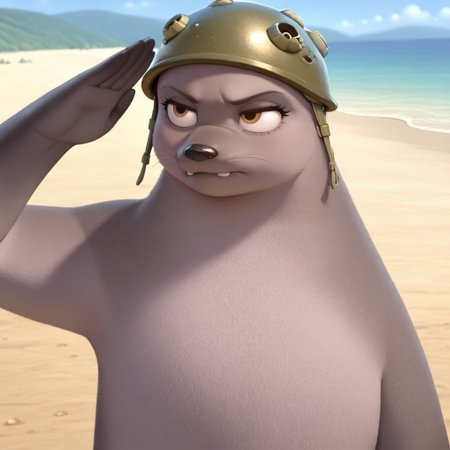 masterpiece, best quality, amazing quality, b3th1, female, furry female, feral, solo, sea lion, grey fur, brown eyes, eyelashes, black nose, whiskers, small ears, buck teeth, missing front teeth, spots on fur, flippers (limbs), army helmet, fat, serious, salute, fullbody, outdoors, beach, sand