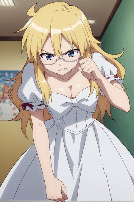 score_9, score_8_up, score_7_up,anime_source, source_anime, best background, detailed background, anime screencap,  Ayame, solo, 1girl, breasts, cleavage, dress, glasses, tsundere, angry, short sleeves, white dress, dynamic camera, dynamic angle, perfect hand, perfect fingers,   indoors,  <lora:JN_Ayame_Shaga:0.8>