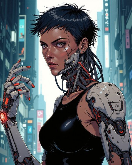A digital illustration portrait in the style of ck-js, featuring a determined-looking female cyborg with short, dark, choppy hair. Significant cybernetic augmentation includes thick cabling integrated into her neck and spine, and a powerful, segmented white-plated robotic arm and hand revealing underlying red wiring/components. A subtle cybernetic port is visible on her cheek/temple. Her expression is intense and focused, eyes narrowed. She wears a simple black tank top, revealing toned musculature alongside the cybernetics. The lighting is dramatic and high-contrast, with a bright backlight illuminating parts of her form and casting deep shadows, set against a blurry, cool-toned cyberpunk cityscape. Focus on functional combat cybernetics, intense focus, and gritty bio-mechanical integration.