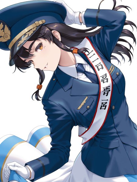 masterpiece,best quality,newest,1girl,solo,
<lora:mao2_ilxl_v1.2:1>,mao2,m_hat,m_clothes,white gloves,blue jacket,mole under eye,
<lora:Fixhands_anime_bdsqlsz_V1:1>,looking_at_viewer,white_background,simple_background,profile,parted lips,seductive_smile,hand on headwear,cowboy_shot,