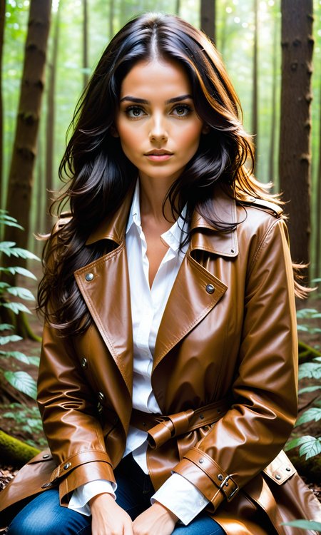 A beautiful woman with a long dark hair, sitting in the forest. He looks straight into the camera and is holding a brown leather jacket, and has white shirt on, and she's wearing a brown trench coat over a white shirt. She's face are visible, and her hair was flowing down, and she can do a warm glow around her, she has a gentle expression <lora:Details:0.85> <lora:Fast:0.69>