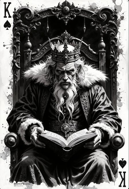 A detailed black and white pencil sketch that combines the following elements into a cohesive and harmonious design. King playing card design, featuring an old ruler with a majestic crown, depicted in a dark and mystical atmosphere, sitting in a throne, reading a book. Impressionist style highlights intricate details and textures, with an emphasis on dramatic contrasts of black and white. King card, an old regal figure with long, flowing beard and a crown. The scene is created in a hyperrealistic style, capturing intricate details of the character's weathered hands and ornate robe. Rich contrasts of black and white enhance the dramatic elements, with deep shadows and bright highlights.The King comes to life, emerging from the card as if it were passing through space.The overall mood is mysterious and regal, embodying a sense of lust and power., B&W, bo-abyss<lora:Flux/boFLUX-digital-abyss.safetensors:0.4:0.4> <lora:Flux/Wraith_BW_Flux.safetensors:0.5:0.5> <lora:Flux/MysticFantasy.safetensors:0.5:0.5>