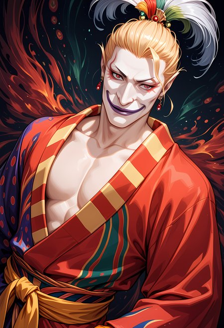 masterpiece, best quality, amazing quality, dutch angle, abstract background, BREAK
solo, 1boy, male focus, ff6_kefka, clown makeup, blonde hair, yukata, japanese clothing, upper body focus, BREAK
<lora:cfg_scale_boost:.6> <lora:Kefka_Palazzo_-_Final_Fantasy_VI_-_ILXL:.8>