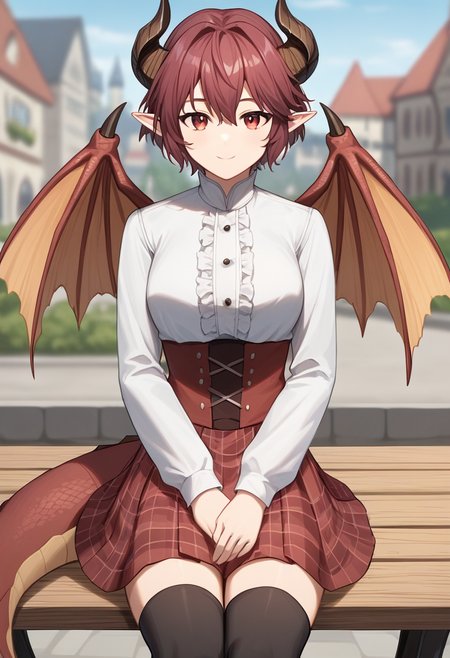 score_9, score_8_up, score_7_up, source_anime, source_furry, rating_safe, grea, 1girl, dragon girl, uniform scale pattern, dragon wings, dragon tail, dragon horns, pointy ears,large breasts, short hair, black thighhighs, long sleeves, slight smile, closed mouth, white shirt, frills,  red skirt, plaid skirt, sitting on bench, table, outdoors, blurry background, medieval city background, evening, looking at viewer, facing forward